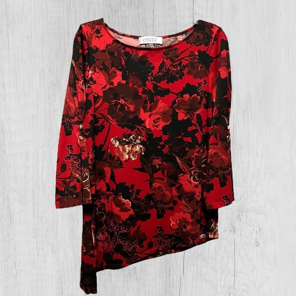 Kasper Red & Black Top With Gold Accents Size Small Asymmetrical Hem Stretch LNC - Picture 1 of 9